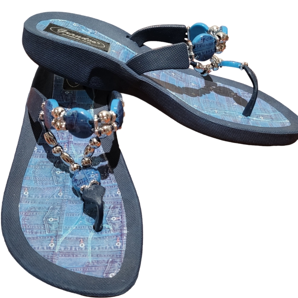 Sz 7 Grandco Denim Bead Thong Sandal